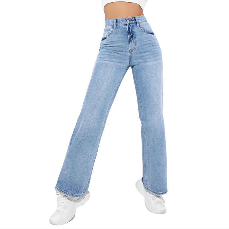 Women's Casual Mid Waist Baggy Jeans Breathable and Washable Denim Straight Leg with Simple Fashion Element