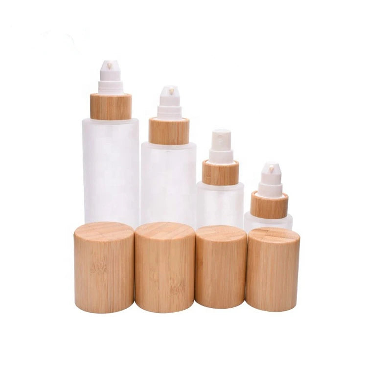 Cylinder Shape  Frosted  Glass Bamboo Lotion Pump Emulsion Bottle Portable Travel Spray Bottle