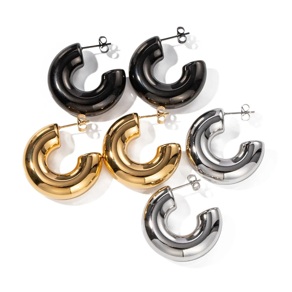 Round Thickened Stainless Steel PVD Gold Plated Hollow Earrings Post Thick Huggie C-Earrings Half-Round Hoop Earrings