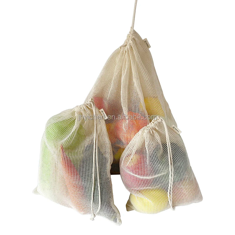 Custom Organic Cotton Drawstring Mesh School Lunch Storage Bag Recyclable Vegetables Storage Bag for Promotion