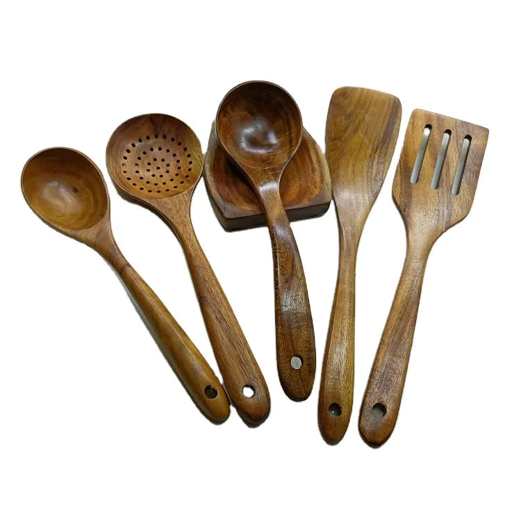 Fancy Teak Wood Long Handle Soup Spoon Wooden Colander Non - Stick Wooden Rice Spoon Spatula