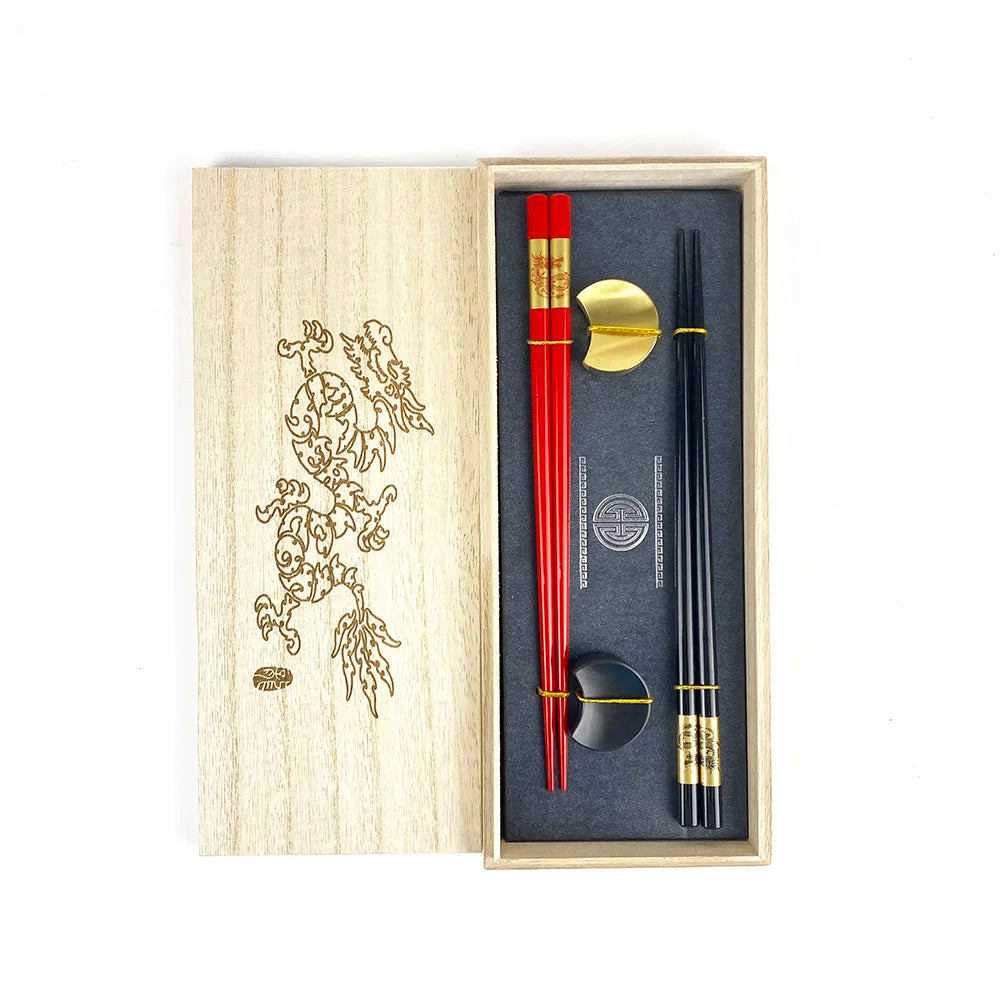 Customizable Dragon Pattern Chopsticks Set 2 Pairs Metal Moon Holder with Wooden Box Unique Dragon Year Wedding Gift