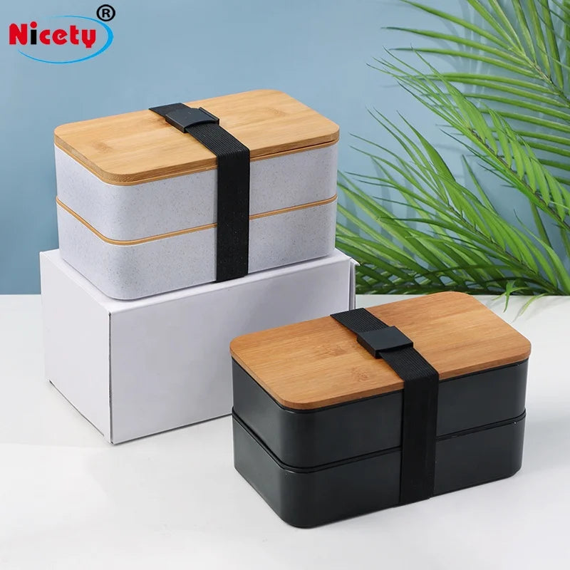 Food Grade Cover Lunch Box Bamboo Fiber Lunch Box with Bamboo Lid Food Storage Bento Box 2 Tier