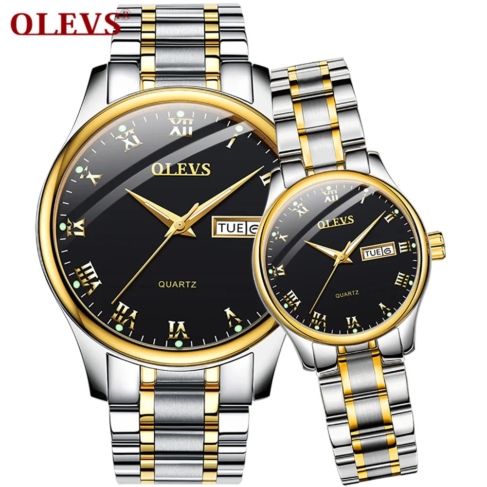 OLEVS Brand Wristwatch Fashion Business Couple Quartz a Pair Watch Stainless Steel Waterproof Luminous Watch for Men and Women
