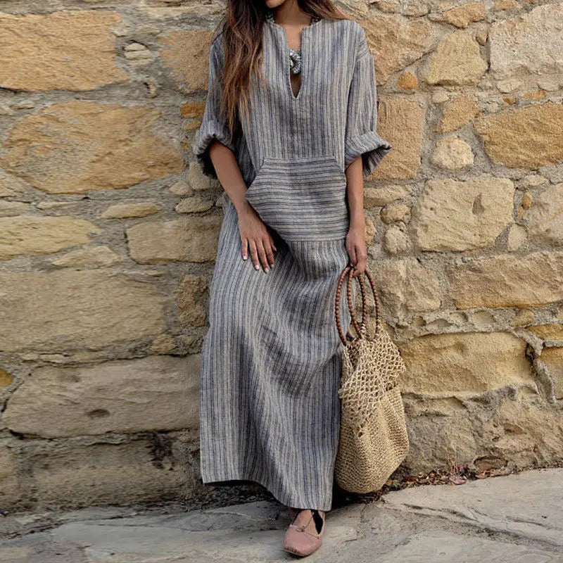 Popular Casual Long Dress European American New Cotton Linen Yarn-Dyed Striped Cross-Border Independent Station
