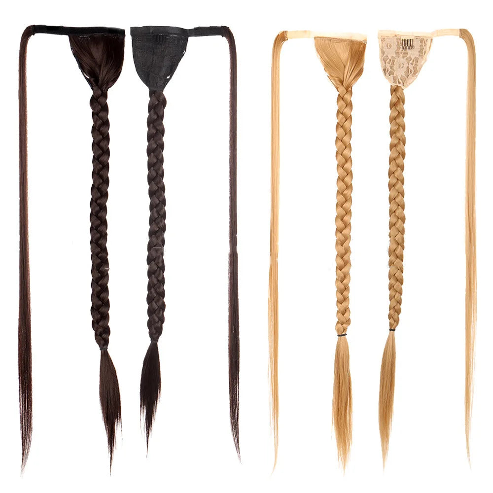 Wrap Around Box Braided Clip in Pony Tail Heat Resistant Yaki Synthetic Hair Ponytails Factory Wholesale 30inch 150g OPP Bag