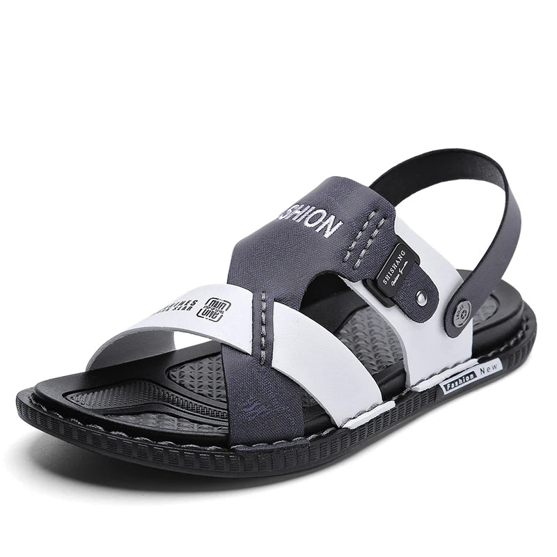 Men's Comfortable Leather Sandals Flat Classic Summer Outdoor Shoes Soft Walking Footwear with PU Insole for Beach Use