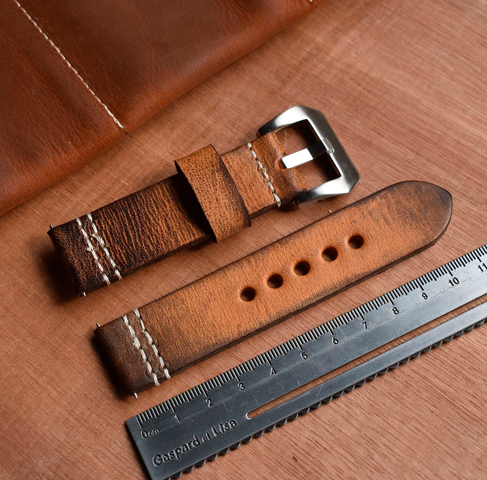 Custom Retro Handmade Distressed Leather Watch Strap - Vintage Style Watch Band with Stainless Steel Buckle