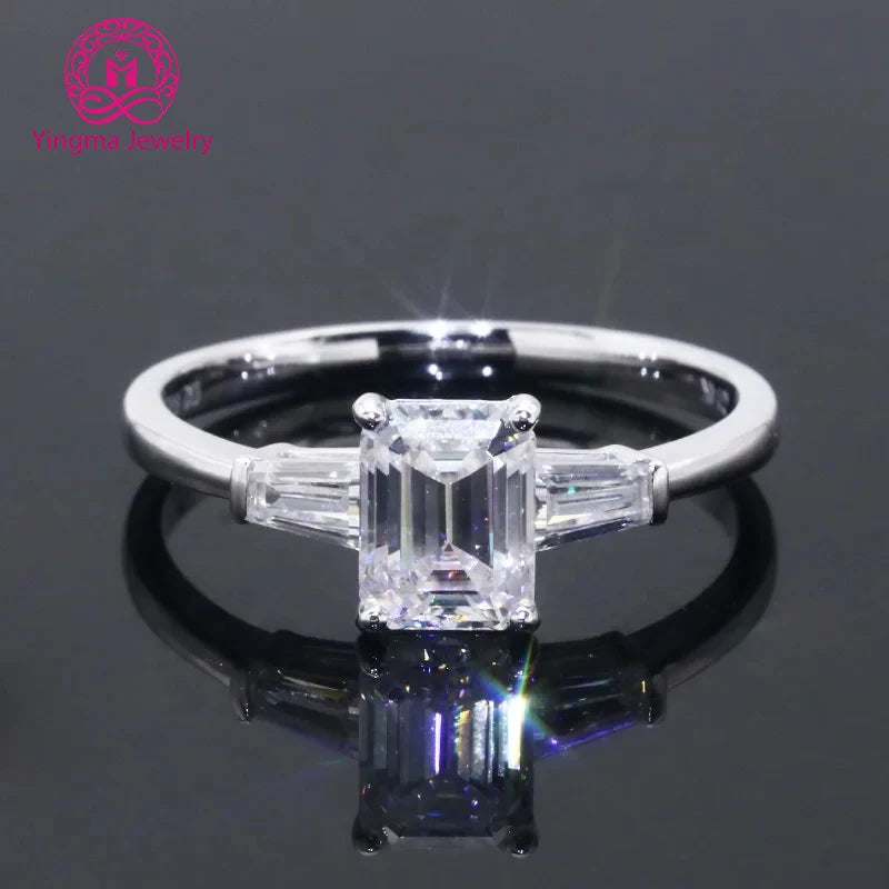 2ct Moissanite Engagement Ring 14k Real Gold  Fancy  Emerald Cut Moissanite Ring 3 Stone Moissanite Ring for Wedding