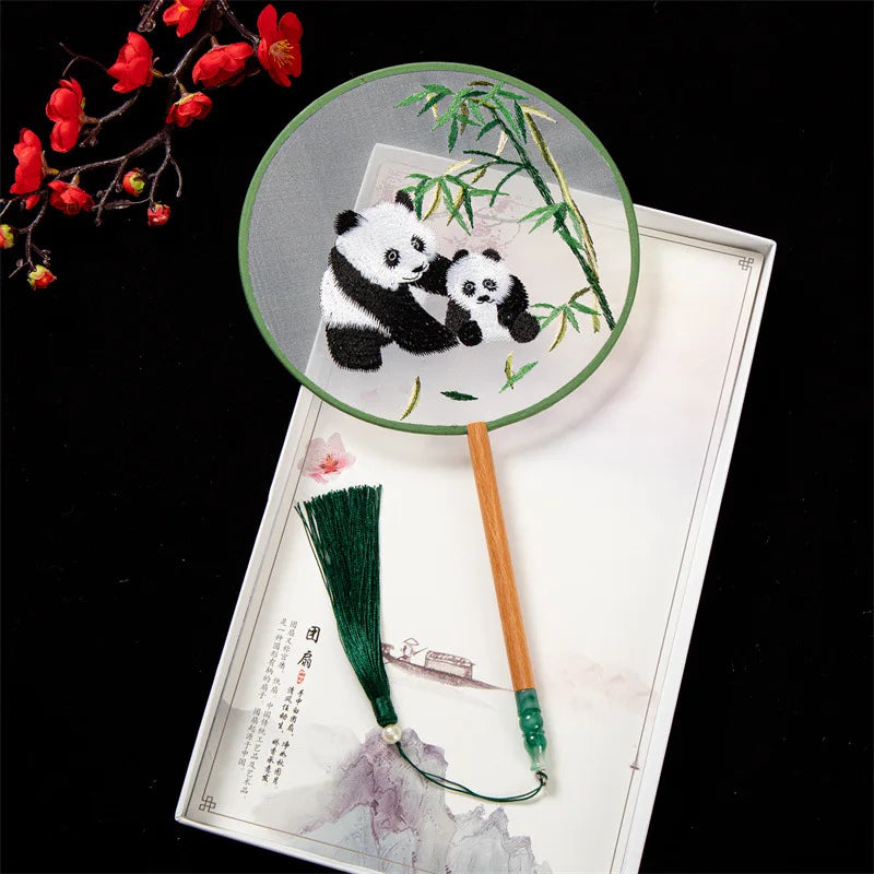 Classic Round Regiment Fan Embroidery & Semi-Transparent Silk Cloth Surface Multi Optional Patterns Long Handle Tassel Silk Fan
