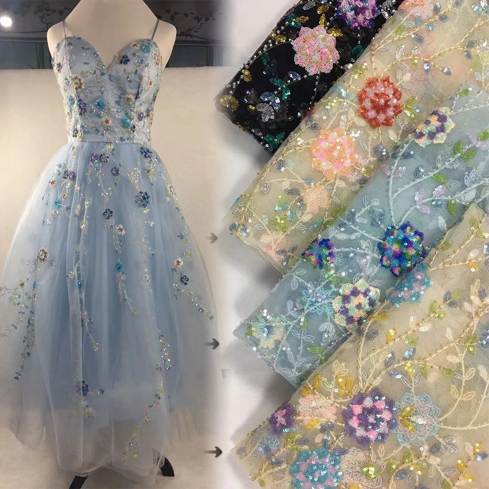 2023 Multicolor Sequin 3D Flower Beads Nonwoven Weft Eco-Friendly Wedding Mesh Embroidery Tulle Lace Fabric