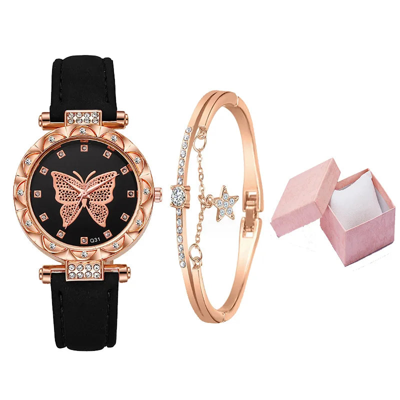 Korean Minimalist Retro Design Butterfly Quartz Watch Women Light Luxury Part Fashion Jewelry Sets Cute Style Alloy Gifts