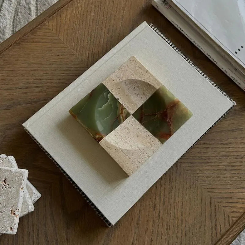 Stonekocc  Natural Marble Square Onyx with Travertine Stone Splicing Tray Jewelry Storage Key Creative Home Decoration Ornament