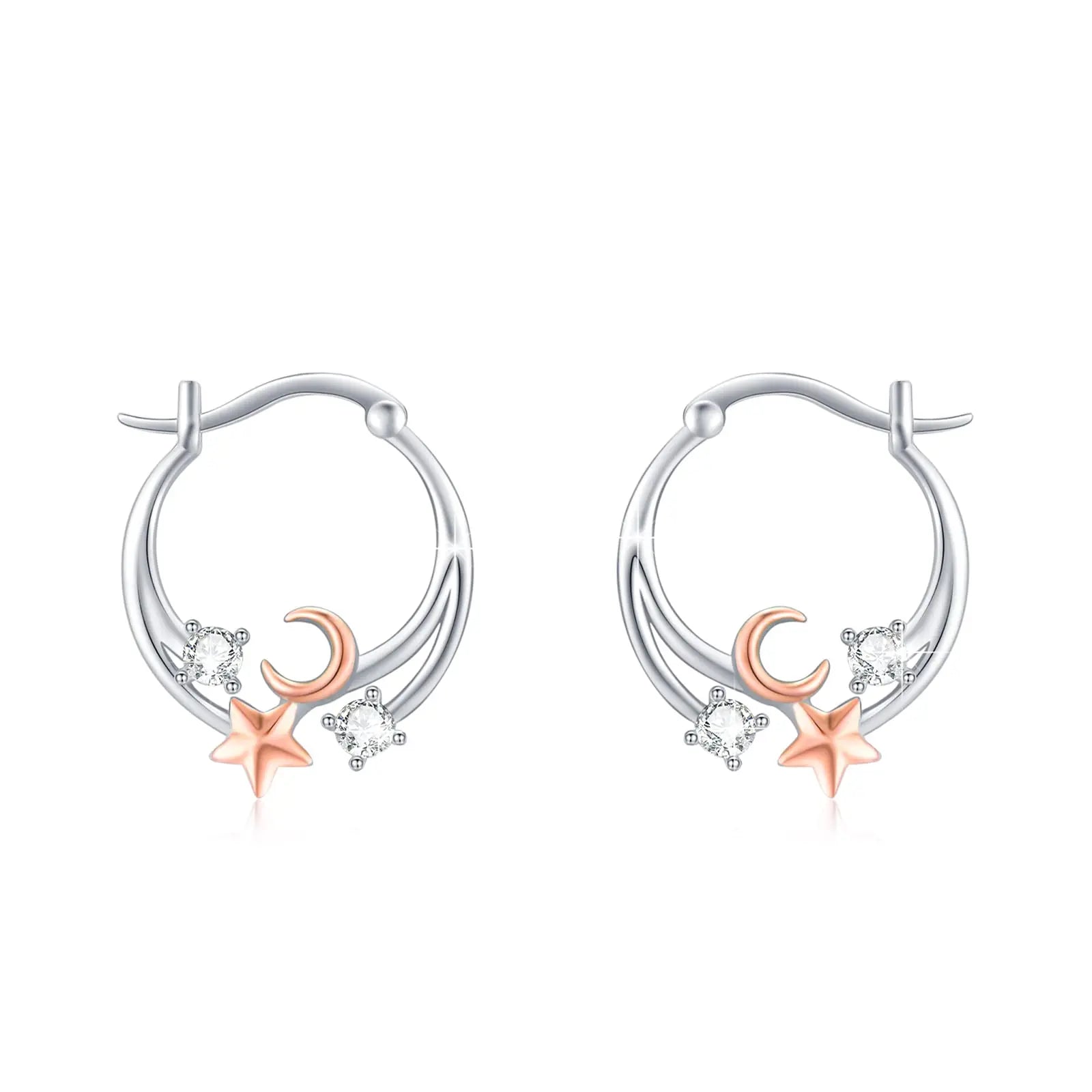 Star and Moon Rose Gold CZ Huggie Hoop Earrings Dangle Small 925 Sterling Silver Earrings for Women Girls