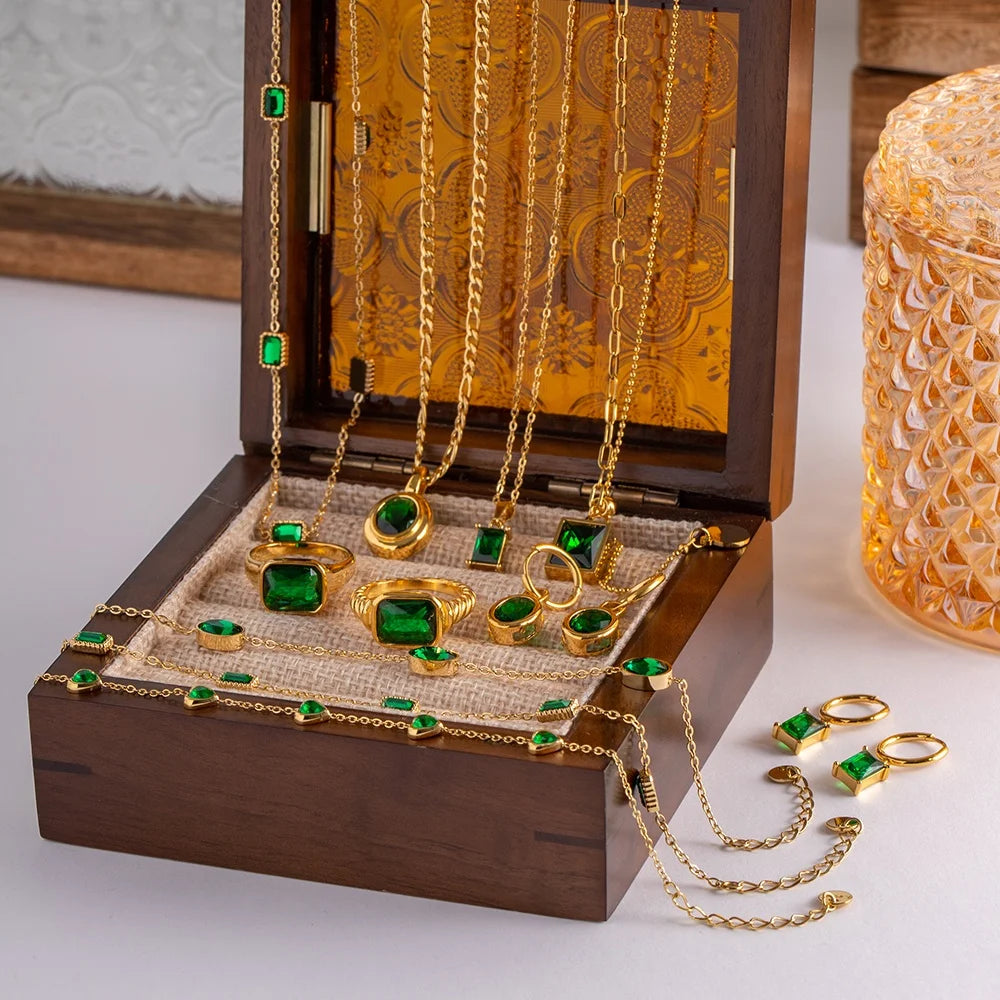 Waterproof 18k Gold Plated Stainless Steel Jewelry Zircon Green Necklace Set for Women