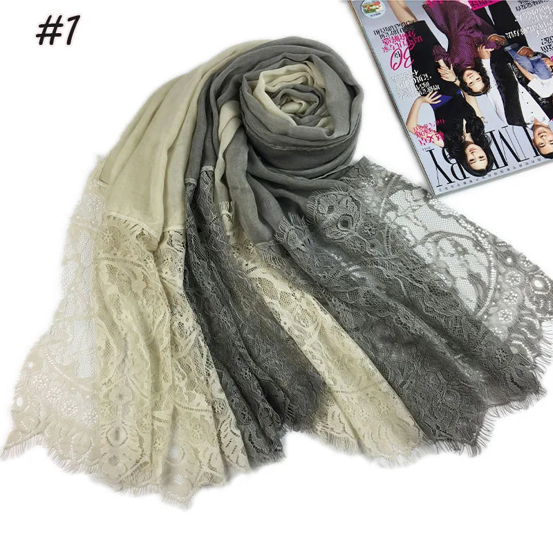 Wholesale Customized Gradient Color Lace Cotton Hijab Scarf Muslim Hijab Hot Selling Scarf Cotton Hijab