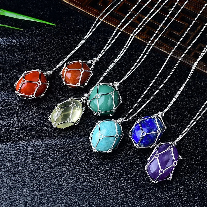 Natural Crystal Rough Stone Pendant Accessory Vintage Style Carved Net Bag for Business or Festival Gifts Handmade Model