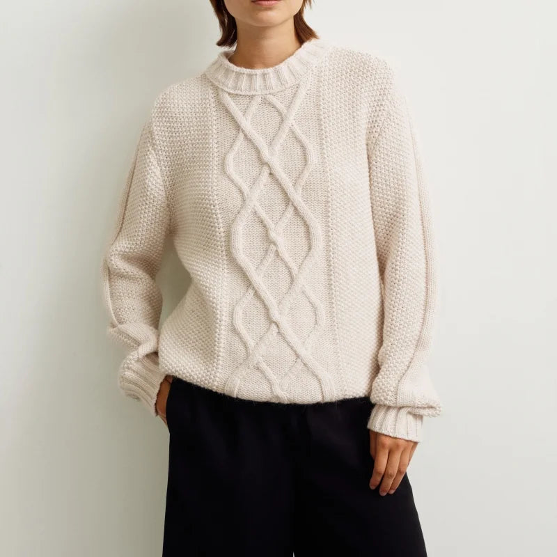 Customizable Vintage Fit Womens Chunky Cable Knit Sweater Winter Long Sleeve Heavy Crewneck Pullover Casual Drop Shoulder Cotton