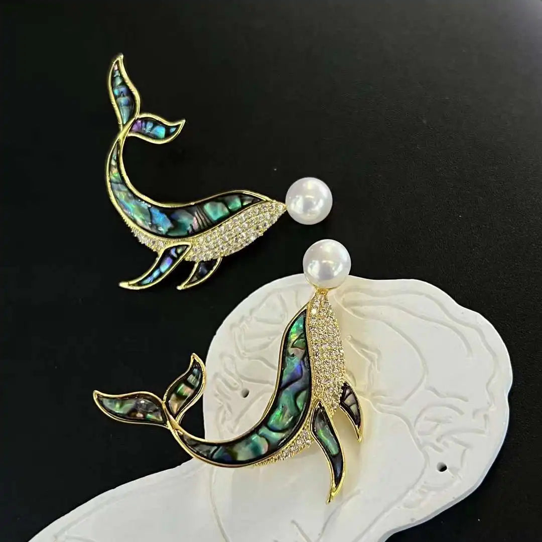 Natural Abalone Shell Inlaid Dolphin Brooch 8-8.5mm Natural High-quality Freshwater Pearl Gold Plated AAAA Grade Trendy Design
