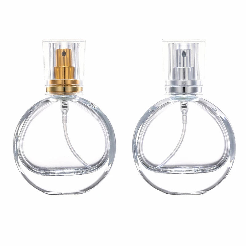 MUB Cosmetic Perfume Bottle 25ml Clear Flat Round Screw Neck Empty Refillable Glass Spray Bottle With Pump & Lid