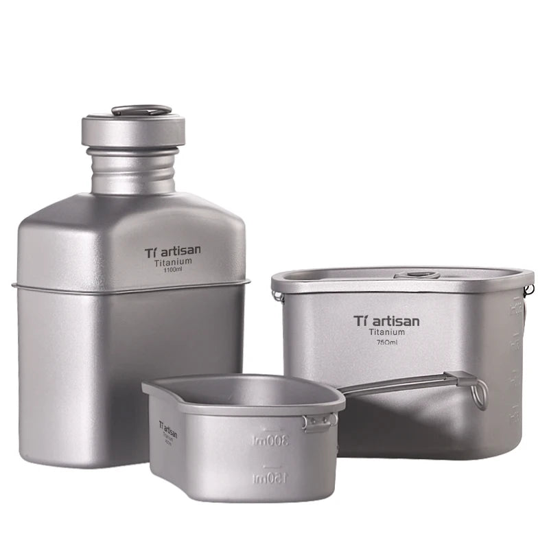 Outdoor Camping Titanium Canteen Cups Set Water Bottle Bowl Kettle Cooking Set Mess Kit