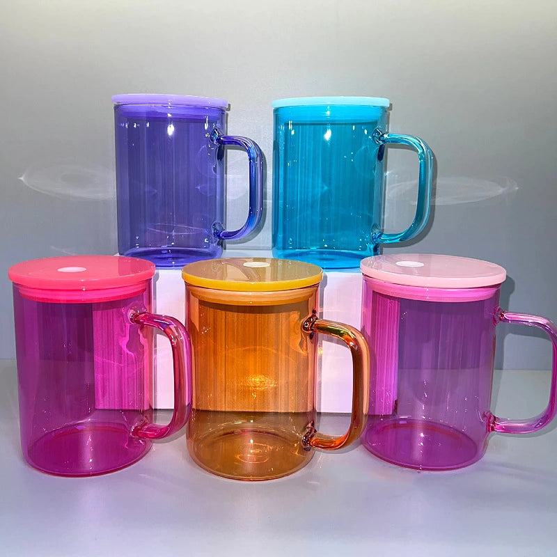 Hot Sale Colorful 15oz Coffee Jelly Glass Beer Can and Plastic Lid Sublimation Glass Mug