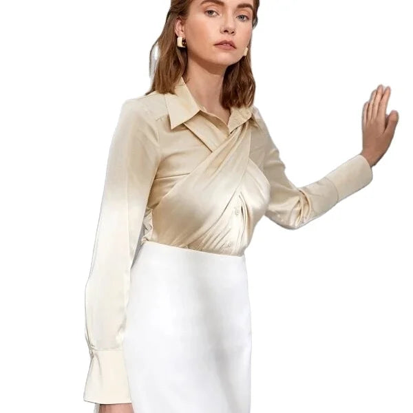 KY Solid Cross Wrap Collared Spandex/Polyester Casual Button Down Long Sleeve Summer Shirt/Blouse for Women Office Wear