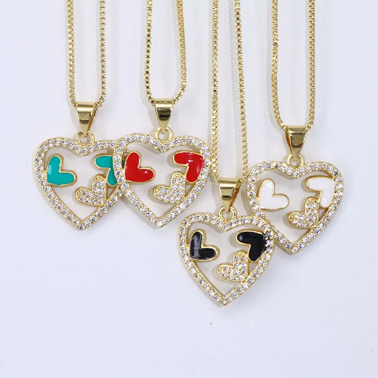 NZ1364 New Creative 18k Gold Plated Chic Enamel Multicolored Cubic Zirconia CZ Hollow Heart Pendant Chain Necklace