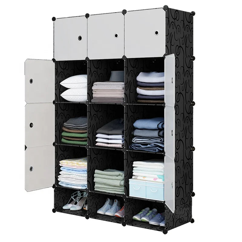 Modern Simple Indoor Bedroom Furniture 1 Pc Portable Extendable Plastic PP Wardrobe Black White Door Living Room School Workshop