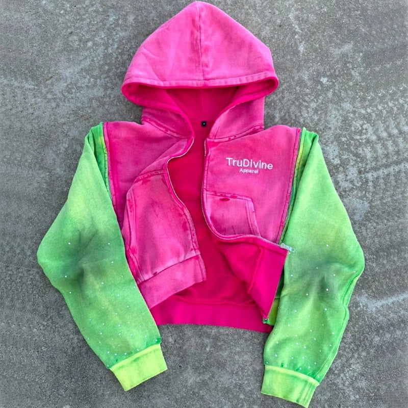Custom Rhinestone Hoodies Men Sun Faded Zipper Embroidered Acid Washed Embroidery 420 460 500 Gsm Zip up Hoodie Manufacturers