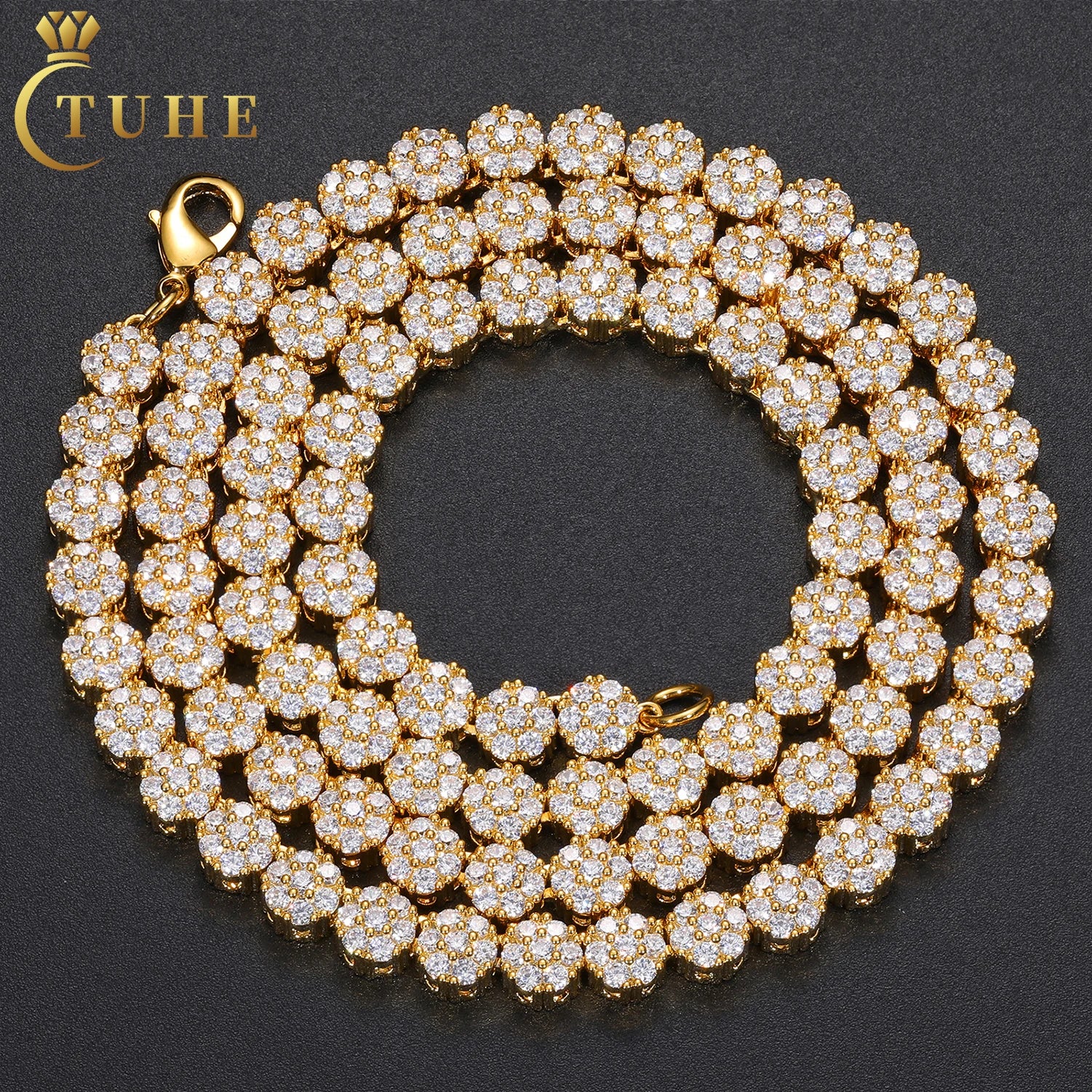 Bling Fashion Hip Hop Jewelry 8mm Gold Plated Brass AAAAA CZ Diamond Iced Out Plum Blossom Flower Tennis Chain Necklace
