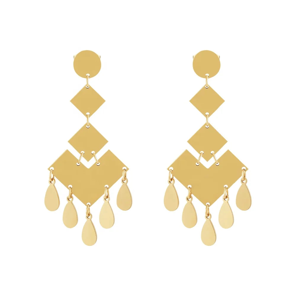 Latest 18K Gold Plated Stainless Steel Jewelry Geometric Rhombus Water Drop Tassel for Women Party Accessories Earrings E231502