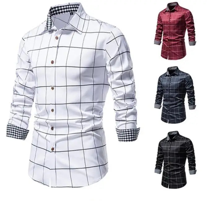 New Checked Long Sleeve Lapel Shirts Button Plaid Printed Business Office Tops Men's Clothes Casual Shirt