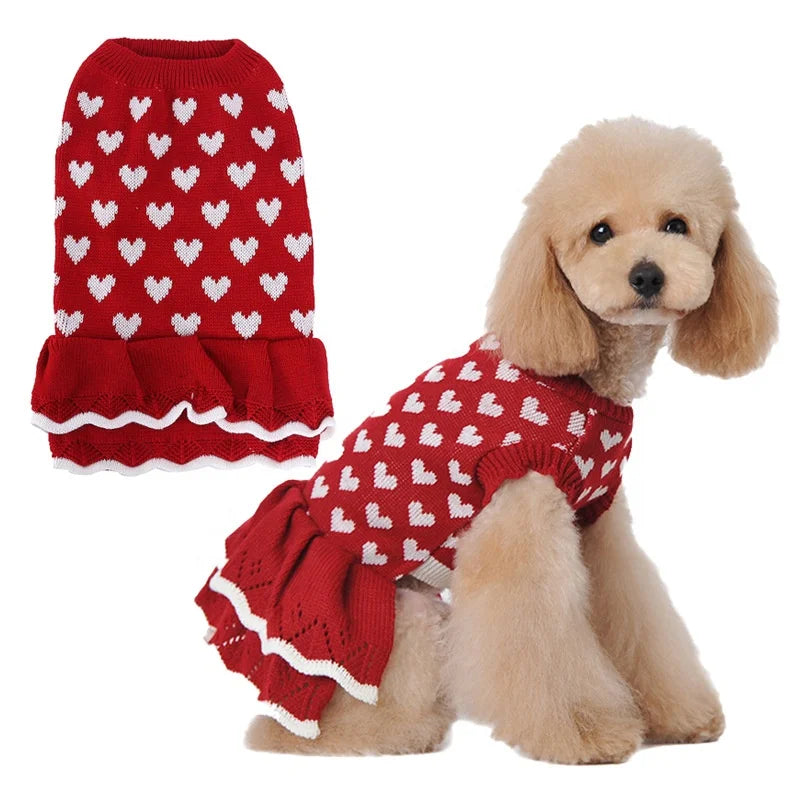 Sweet Luxury Print Cat Dog Dress Knit Sweater Autumn Winter Pet Party Wedding Girl Pug Chihuahua Puppy Clothes Skirt