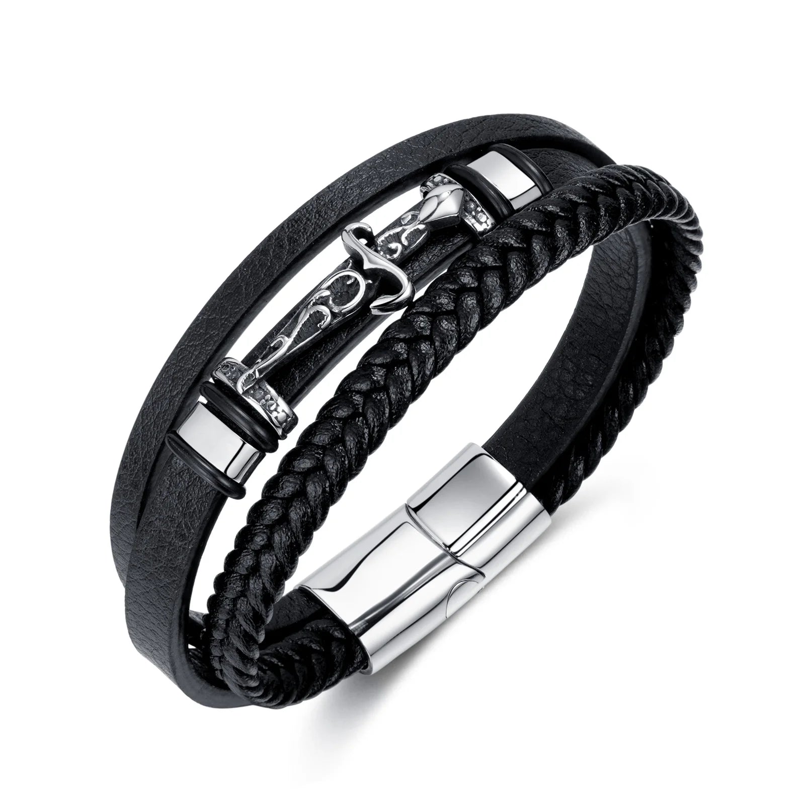 Hot Sale Double Row Magnetic Closure Bracelets Handmade Retro Rope Bracelet Multilayer Braided Genuine Leather Hand Bracelet Men
