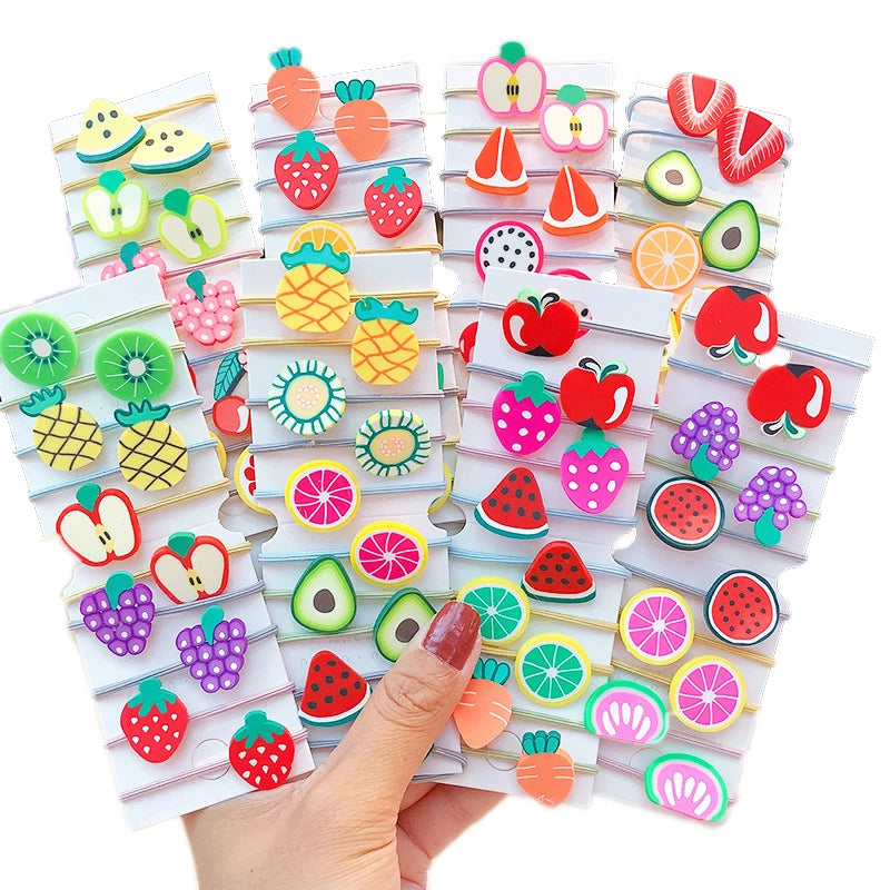 Set of 10 Elastic Rubber Hair Ties for Baby Girls Sweet Flower & Fruit Scrunchies for Holding Ponies & Hair Bands