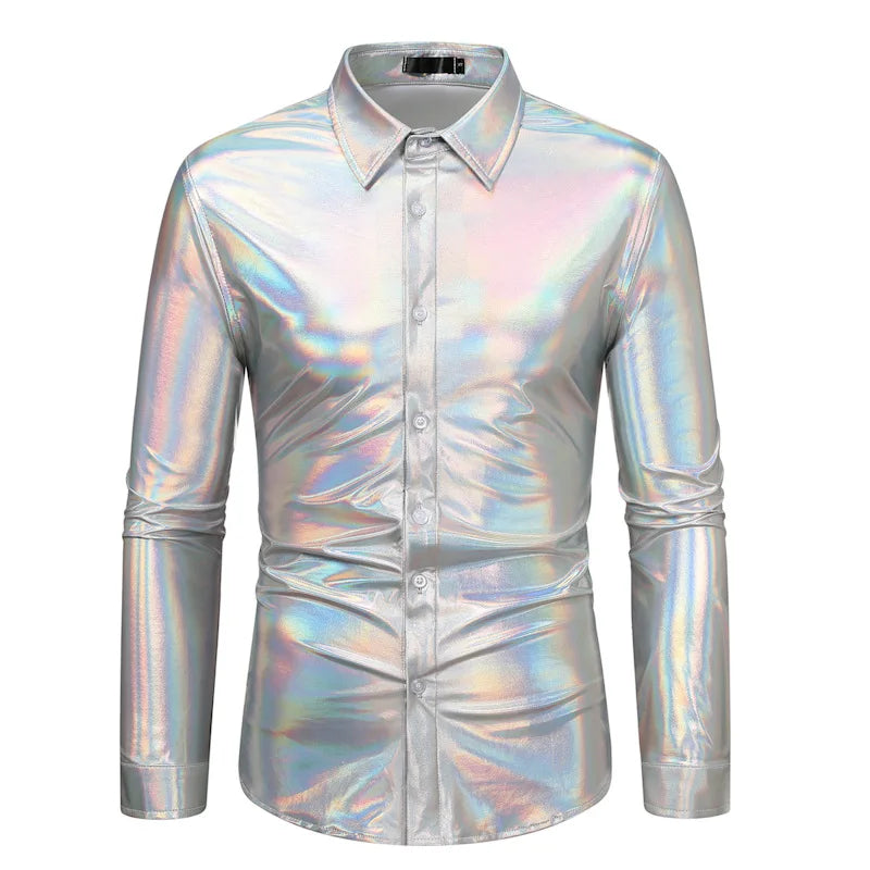 Fast Shipping Air Men Clothing Trendy Gold Silver Metallic Shiny Dress Shirts