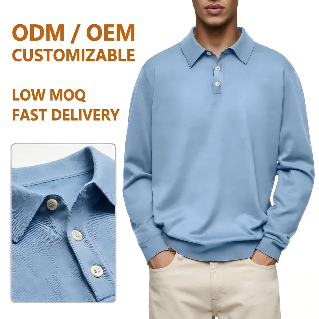 Autumn Casual Long Sleeve T Shirt Mens Turn-Down Collar Belt Closure Custom Logo Print Polo T-Shirt Breathable and Sustainable
