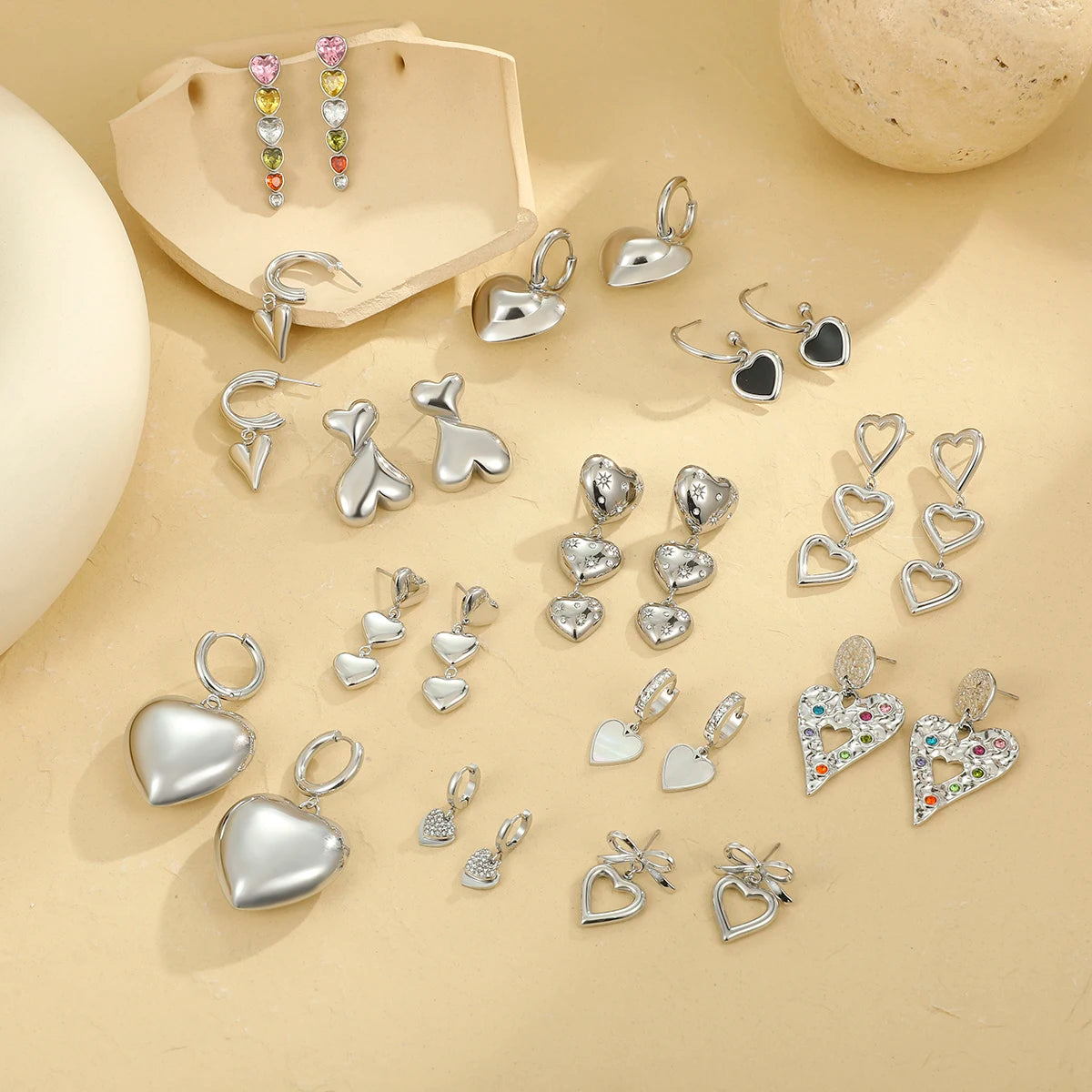 Silver Jewelry Series Heart Drop Earrings Women Stainless Steel Fashion Heart to Heart Dangle Fine Jewelry Earrings Diamonds
