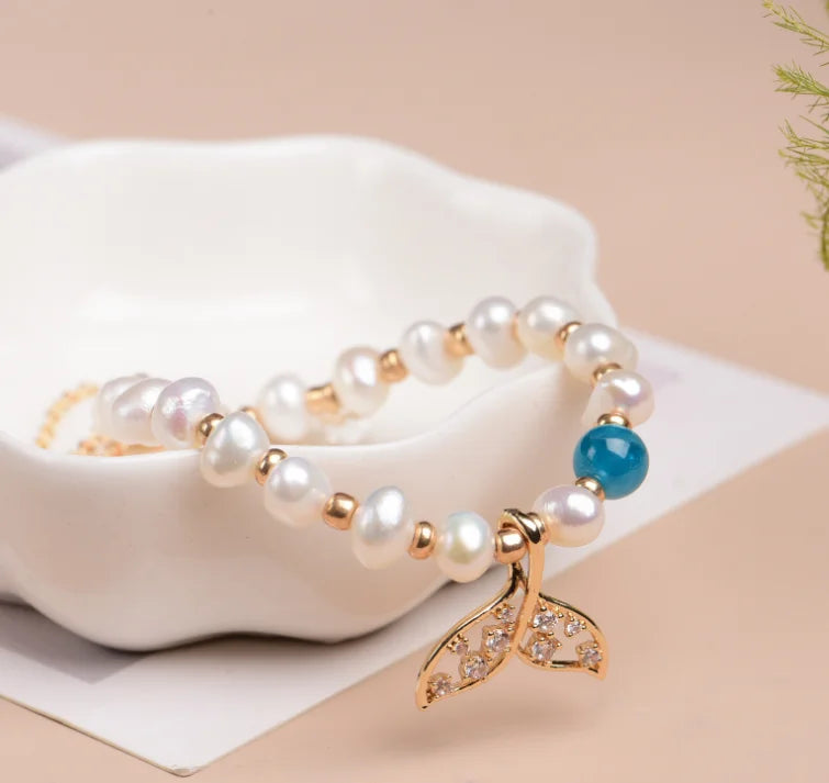 14k Gold Plated Diamond Mermaid Fishtail Charm Natural Pearl String Beads Bracelets for Women Girls Friendship Gift