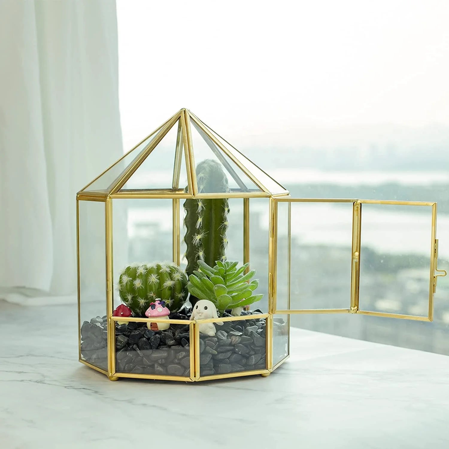 Tabletop Miniature Fairy Garden Decor Display Round Shape Geometric Succulent Terrarium Gold Glass Terrariums with Door