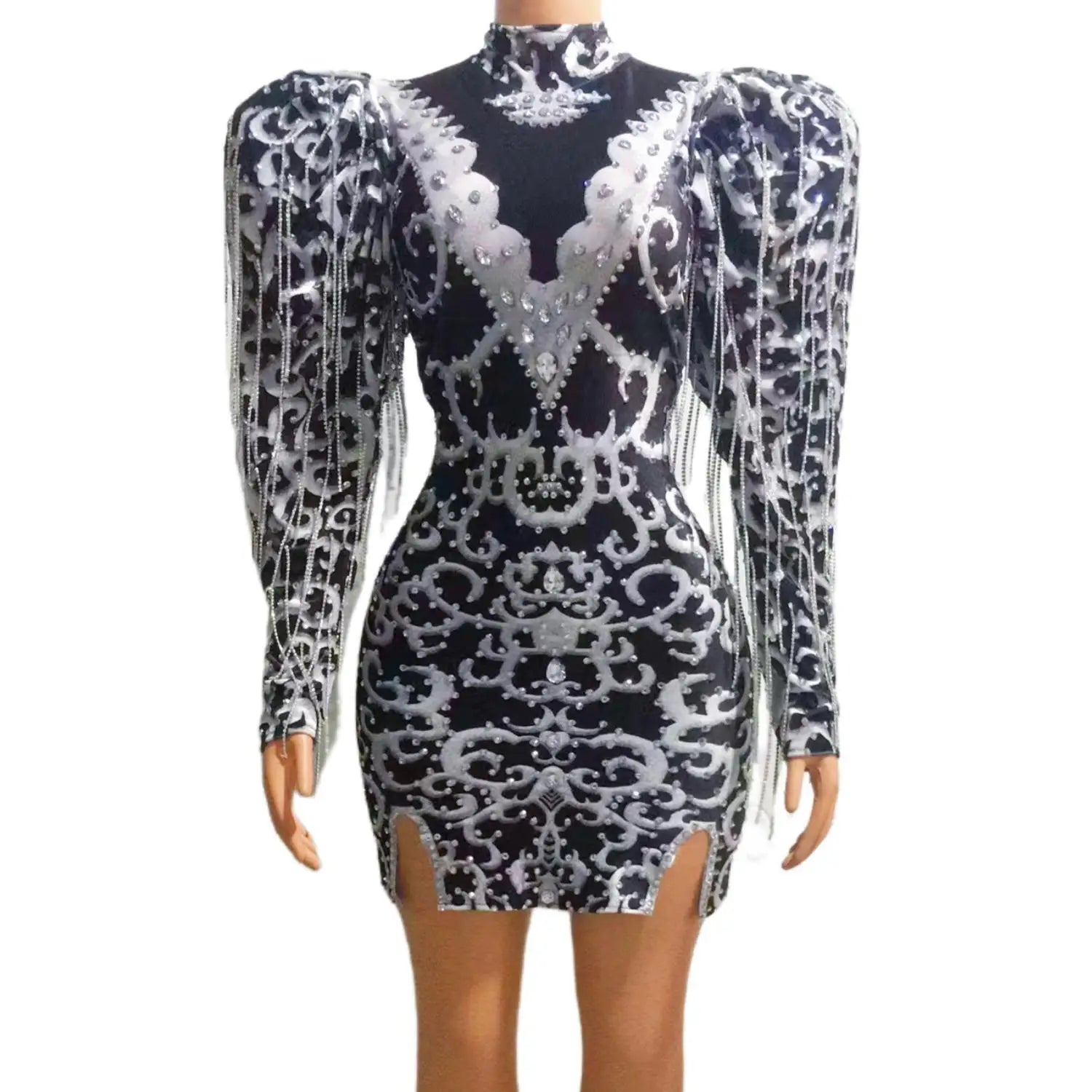 Designer Puff Sleeve Rhinestone Fringes Elegant Casual Dress Performance Dance Costume Evening Gowns Women Mini Prom Club Dress