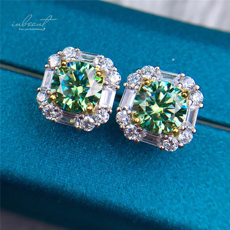 Silver 925 Original Diamond Test Past Total 2 Ct Brilliant Cut Green VVS1 Moissanite Cushion Stud Earrings with GRA Certificate