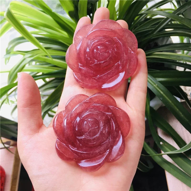 Hand Carved Gemstone Natural Crystal Carved Rose Strawberry Quartz Flower