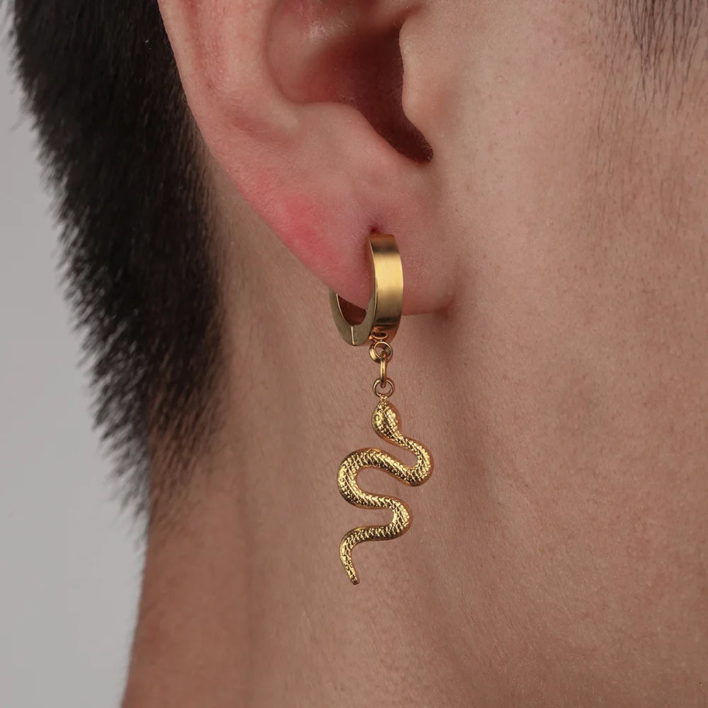 Fashion New 14K Gold Hoop Earrings Stainless Steel Punk Jewelry Snake Tropical Hoop Earrings for Men