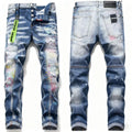 AeeDenim Wholesale OEM Men's Straight Penny Jeans Ripped Patch Stretch Paint Splattered Blue Panel Beggar Denim Eco-Friendly