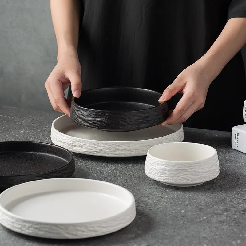 Matte Round Ceramic Rice Bowl Pasta Deep Dinner Plate Sweet Dessert Fruit Dishes Party Restaurant Serving Tray Dinnerware Set