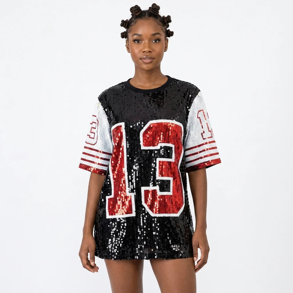 Glitter Women Sequin Shirt Dress Jersey Number 13 Long Sequin Tshirt Round Neck Half Sleeve Loose Printed Club Party Tops