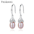 CZCITY Trendy 925 Sterling Silver Freshwater Pearl Luxury Drop Earrings Clear CZ Crystal Hook Ear Ring Pearl