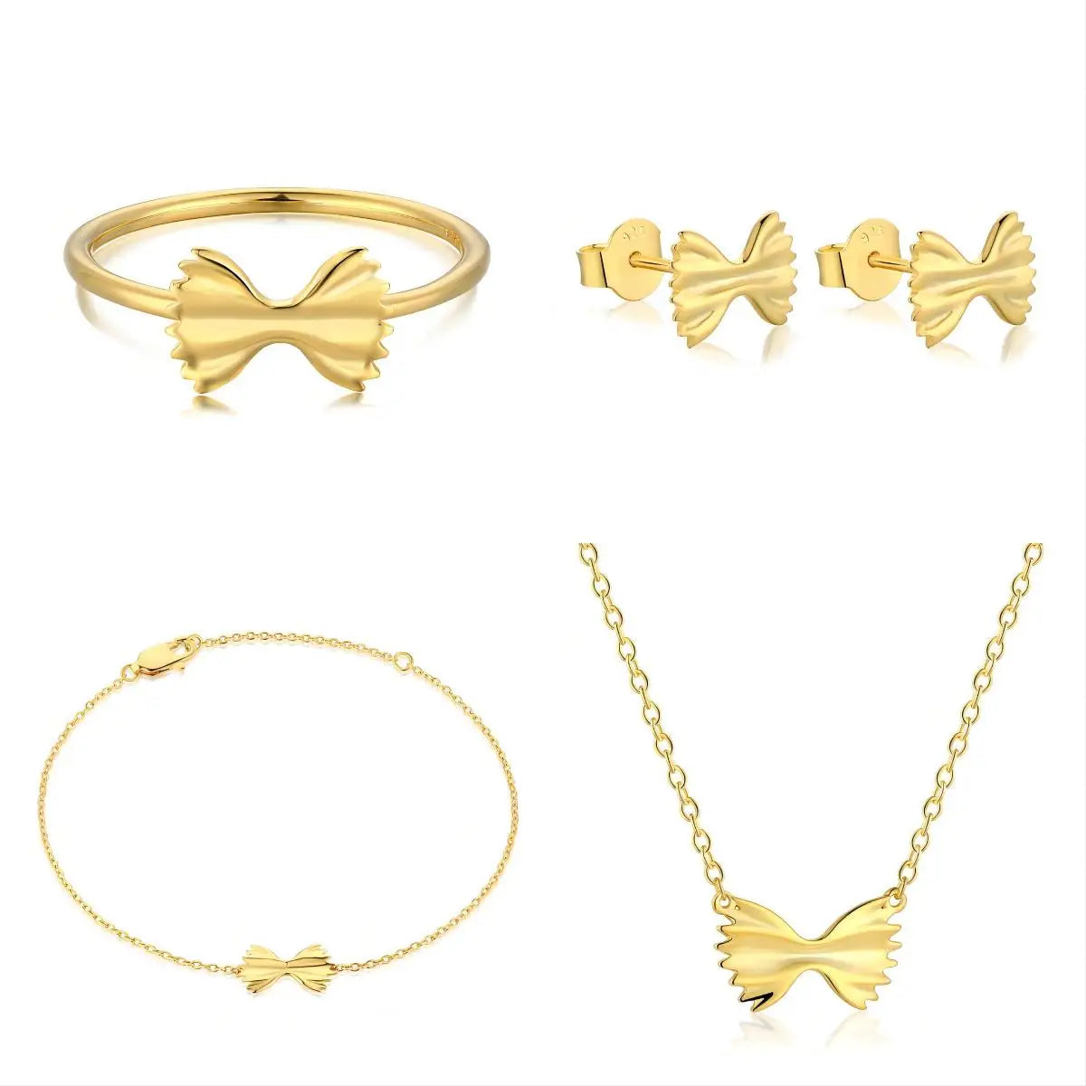 925 Sterling Silver Bow Ring Earring Bracelet Necklace Set Gold Plated Trendy Wedding Engagement Party Jewelry